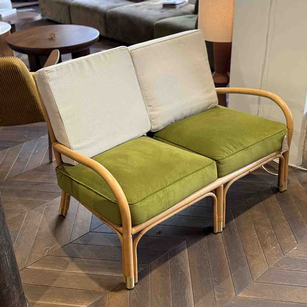 CANAPÉ ROTIN ET VELOURS 2 PLACES